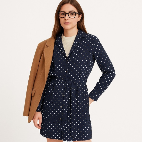 Everlane Polka Dot Dress Navy/White (4) Tie Waist Cupro, Preppy, Minimalist - Picture 6 of 14